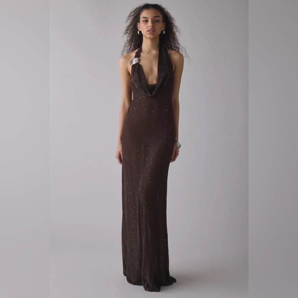 Jaded London Moara Sheer Shimmer Knit Plunge Open-Back Maxi Dress
